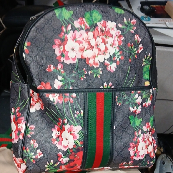 Gucci Handbags - Gucci Floral Backpack with Red and Green Stripes
